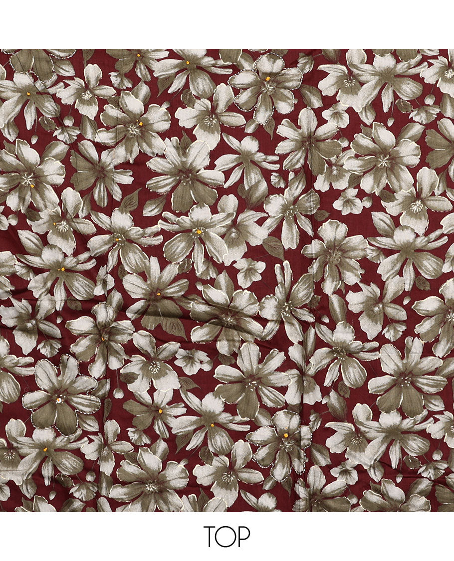 Brown material chudidar set, floral printed top, plain bottom and floral printed dupatta