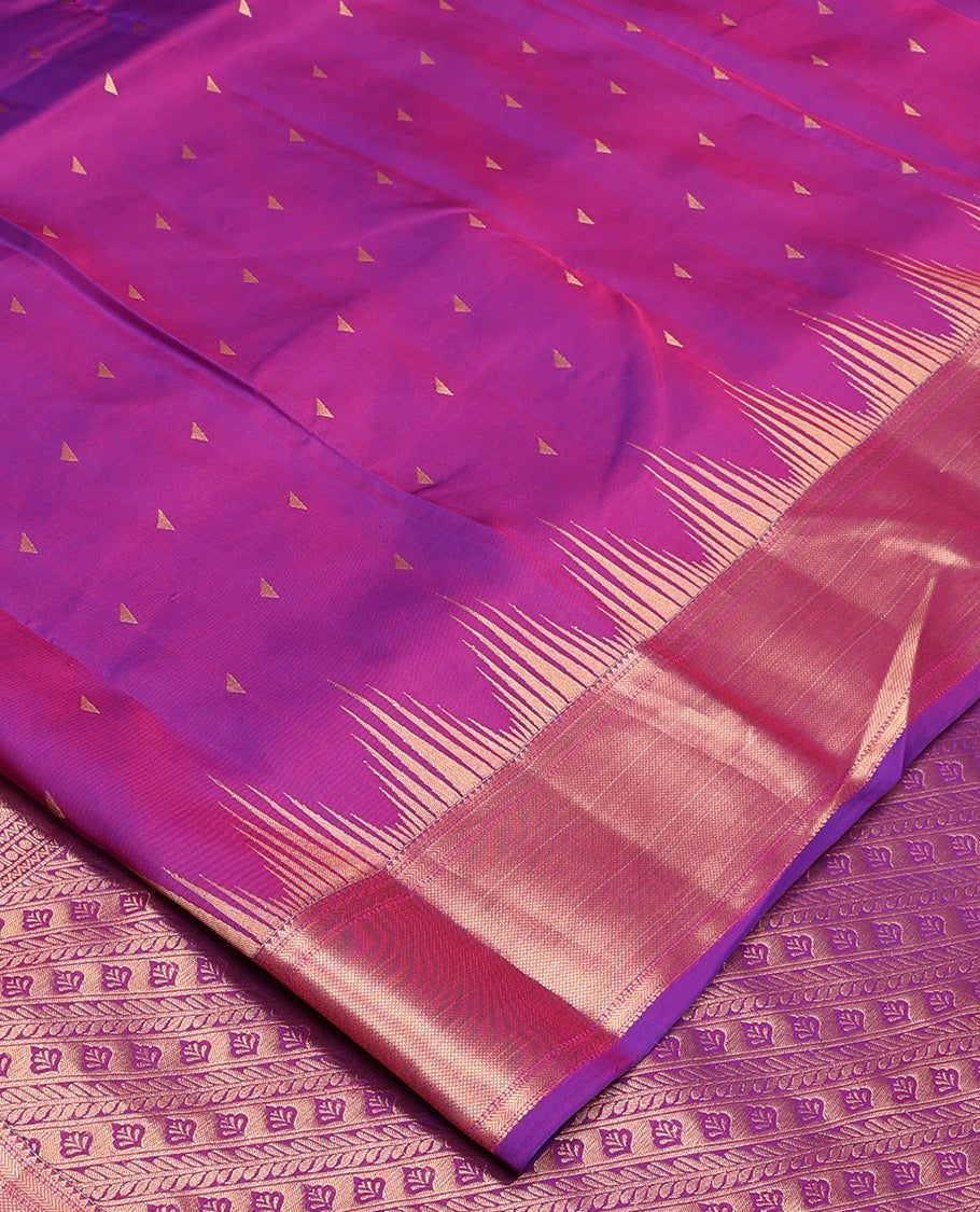 Pink triangle zari buttas Vasundhara silk mix, temple traditional zari border, and diagonal floral design pallu