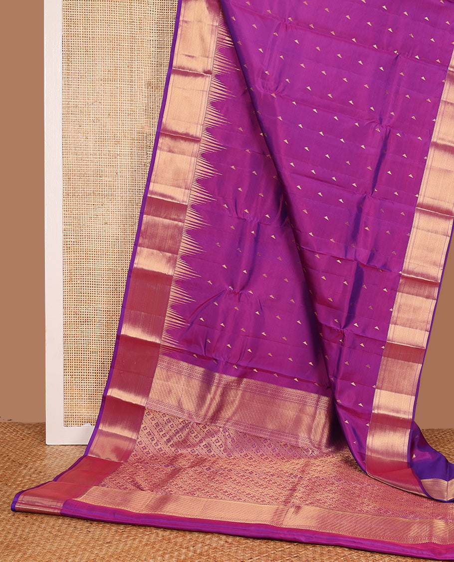 Pink triangle zari buttas Vasundhara silk mix, temple traditional zari border, and diagonal floral design pallu