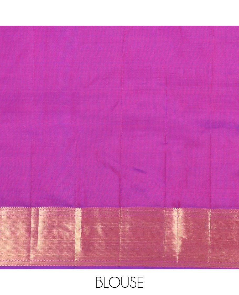 Pink triangle zari buttas Vasundhara silk mix, temple traditional zari border, and diagonal floral design pallu