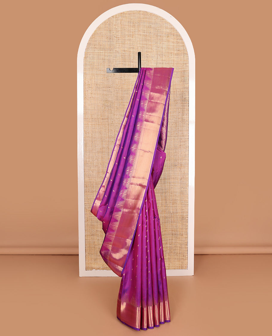 Pink triangle zari buttas Vasundhara silk mix, temple traditional zari border, and diagonal floral design pallu