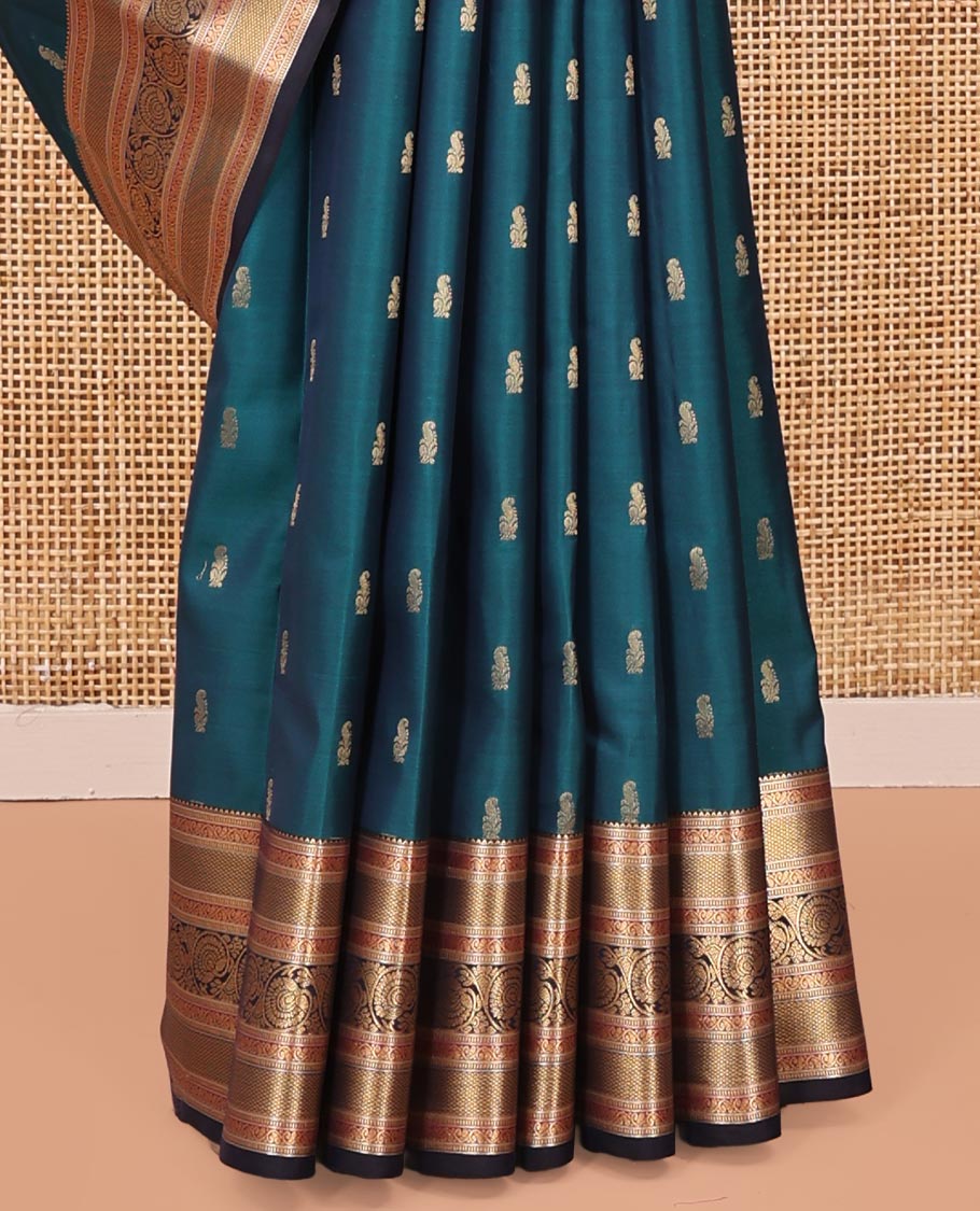 Blue Vasundhara Lite Silk Saree, Graced with Zari Buttas All Over Its Body, Complemented by Contrast Border of Mayil Kann and Dhavana Kodi Designs, Grand Jaal Pallu and Paired with a Contrast Blouse