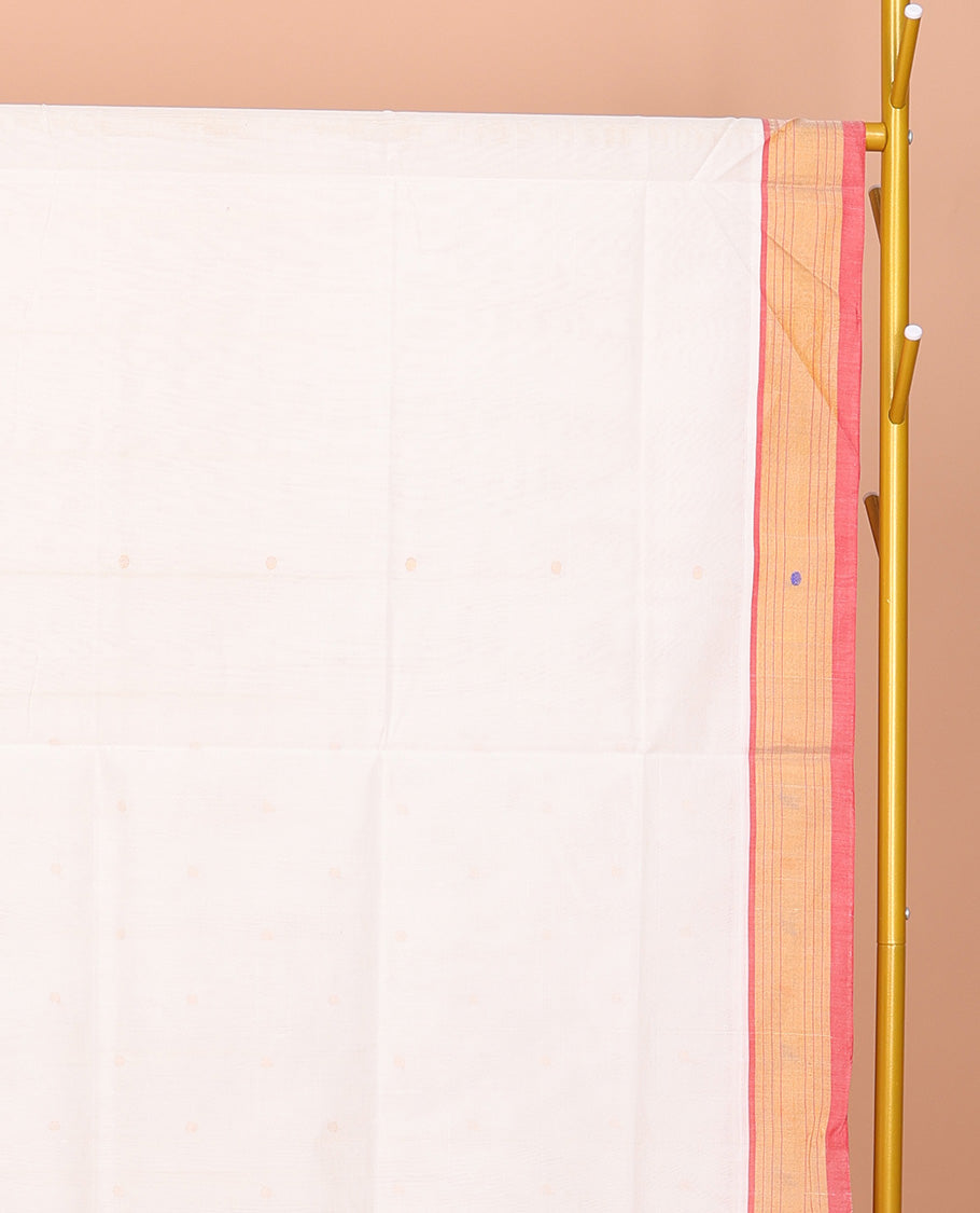 White Venkatagiri Cotton Saree Subtly Sparkled with Buttas, a Contrast Zari-Thread Border, Pallu of Stripes, and No Blouse