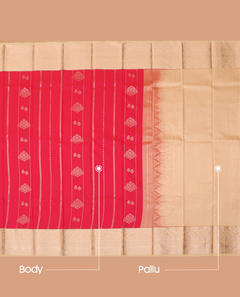 Red Budget Silk Saree, Woven with Stripes and Buttas, Complemented by Contrast Traditional Zari Border, a Grand Pallu and a Contrast Blouse