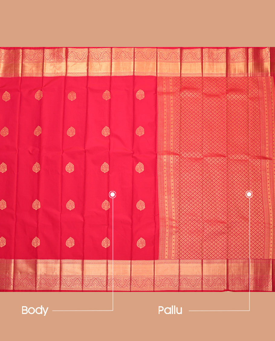 Red Budget Silk Saree, Decked Up with Zari Buttas, Highlighted by a Traditional Zari Border, Intricate Pallu, and a Matching Blouse