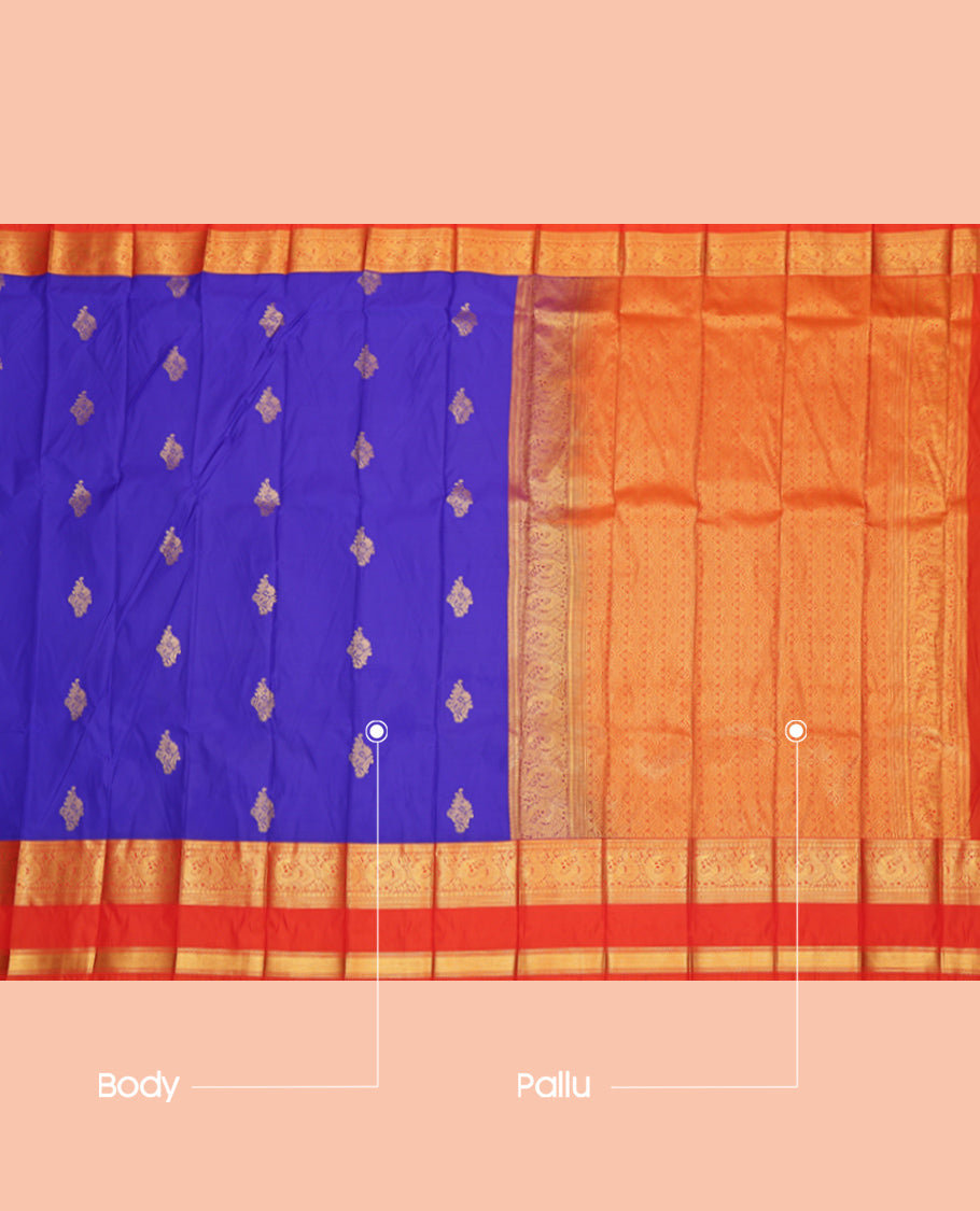 Blue Budget Silk Saree, Graced with Zari Buttas, Complemented by Contrast Traditional Rettai Pettu Border, a Jaal Pallu and a Contrast Blouse
