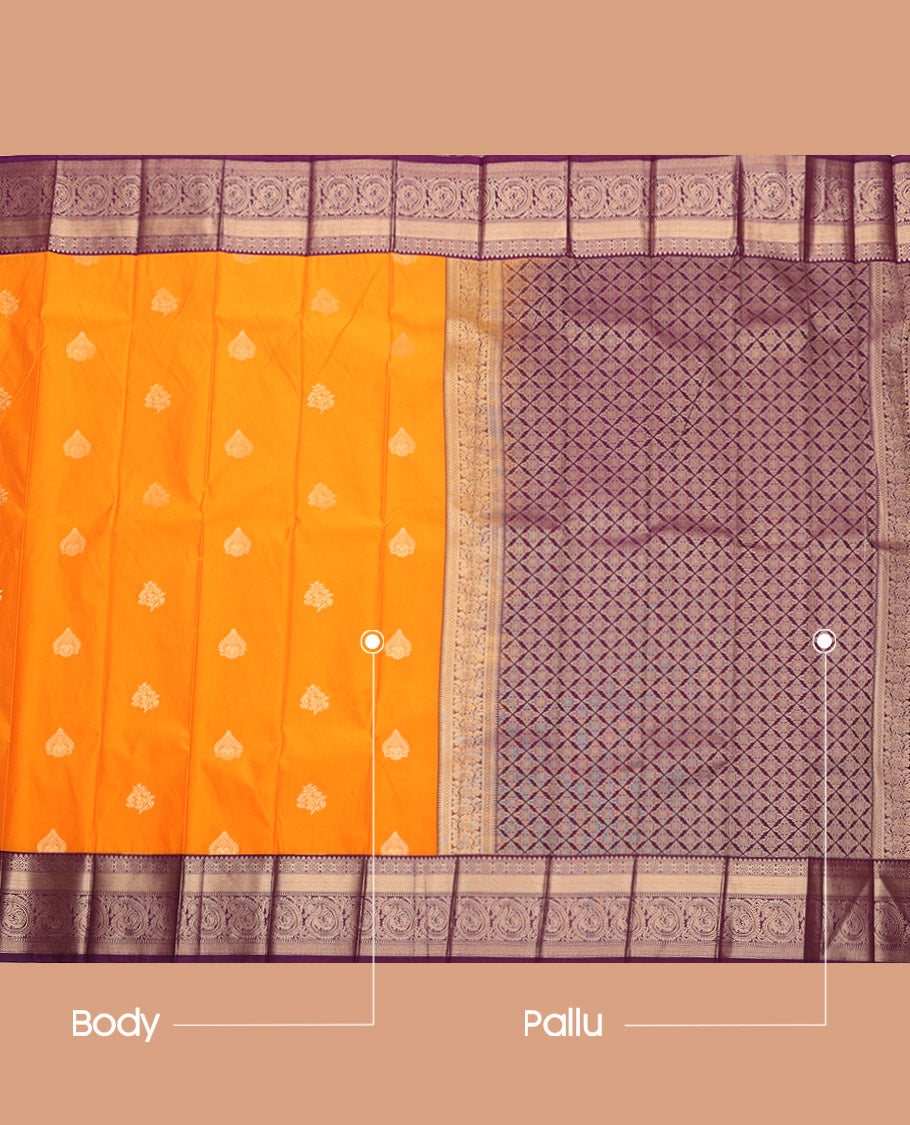 Orange Budget Silk Saree, Ornamented with Zari Buttas, Complemented by a Contrast Traditional Zari Border, Grand Pallu, and Contrast Blouse