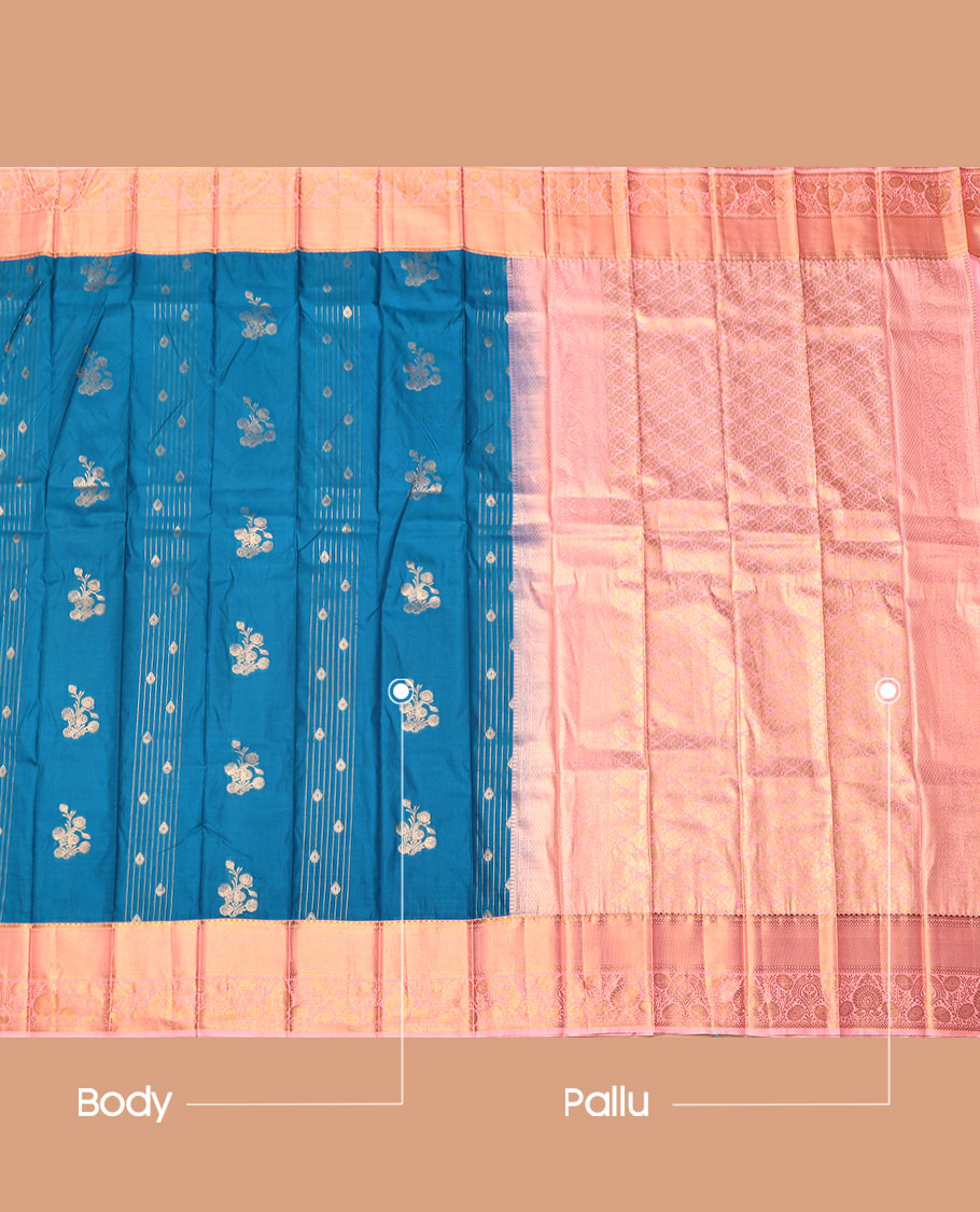 Blue Budget Silk Saree, Graced with Zari Buttas and Stripes, Complemented by Contrast Traditional Zari Border, a Grand Jaal Pallu  and a Contrast Blouse