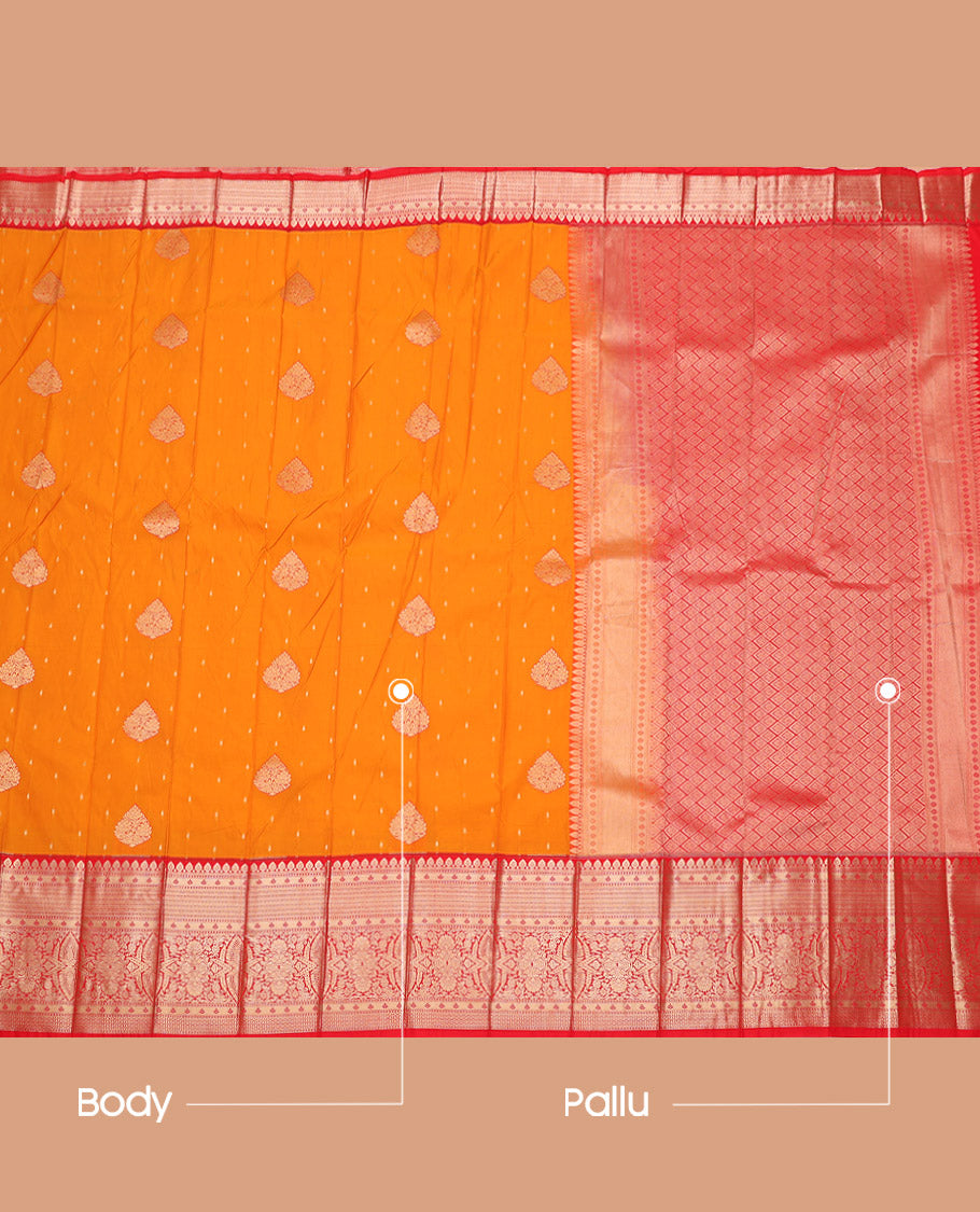 Orange Budget Silk Saree, Impeccably Styled with Zari Buttas, Complemented by a Contrast Traditional Zari Border, Grand Pallu, and a Contrast Blouse