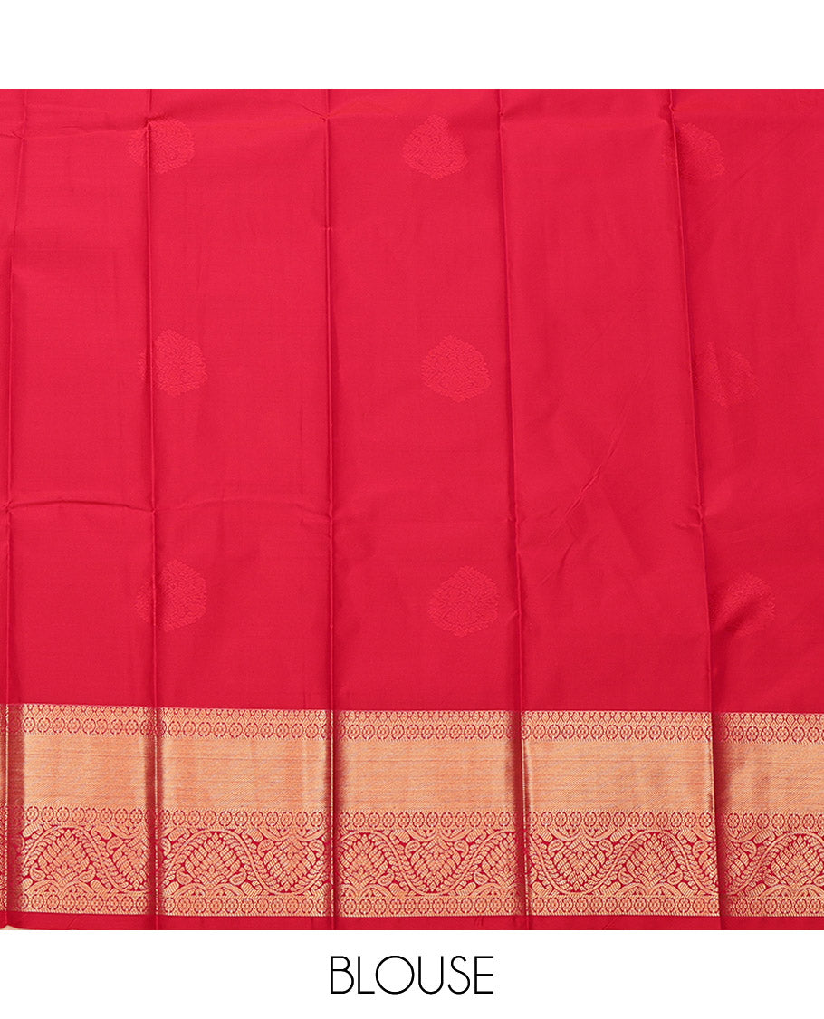 Red Budget Silk Saree, Decked Up with Zari Buttas, Highlighted by a Traditional Zari Border, Intricate Pallu, and a Matching Blouse