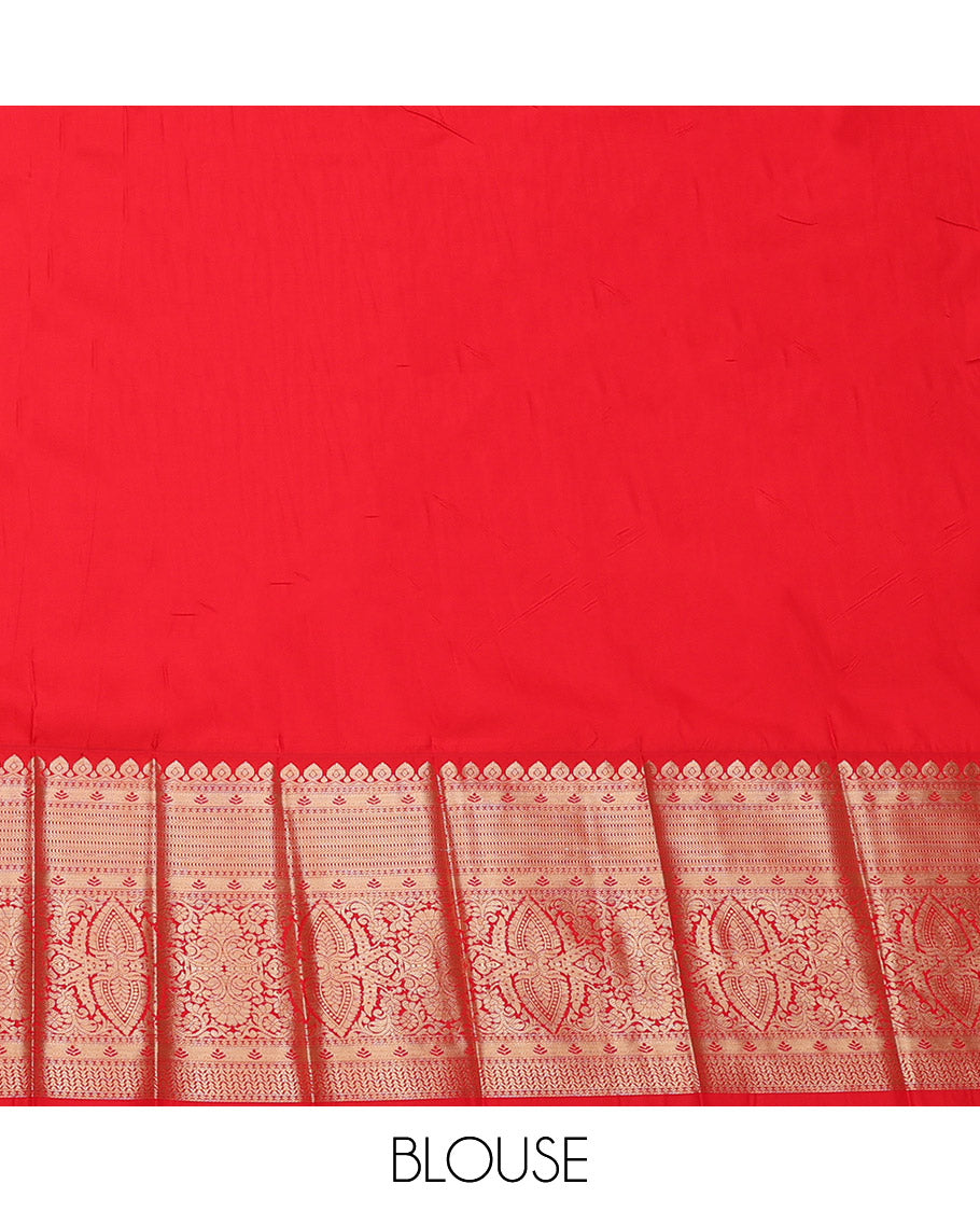 Orange Budget Silk Saree, Impeccably Styled with Zari Buttas, Complemented by a Contrast Traditional Zari Border, Grand Pallu, and a Contrast Blouse
