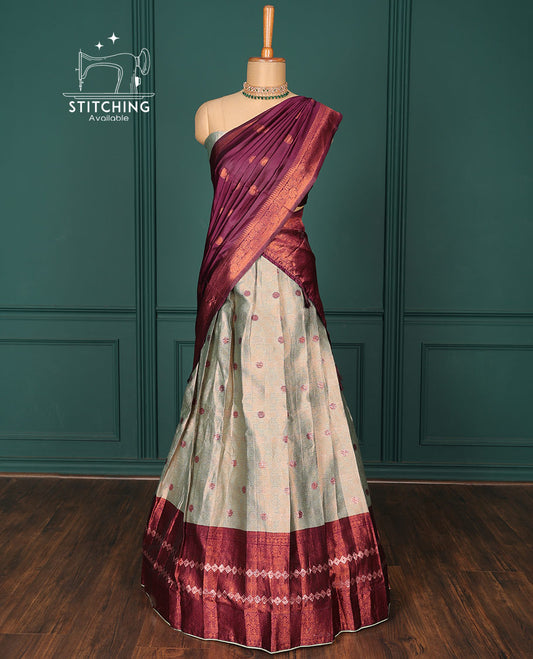 Green jacquard art-silk half-saree, zari design blouse, contrast traditional design border & intricate dupatta