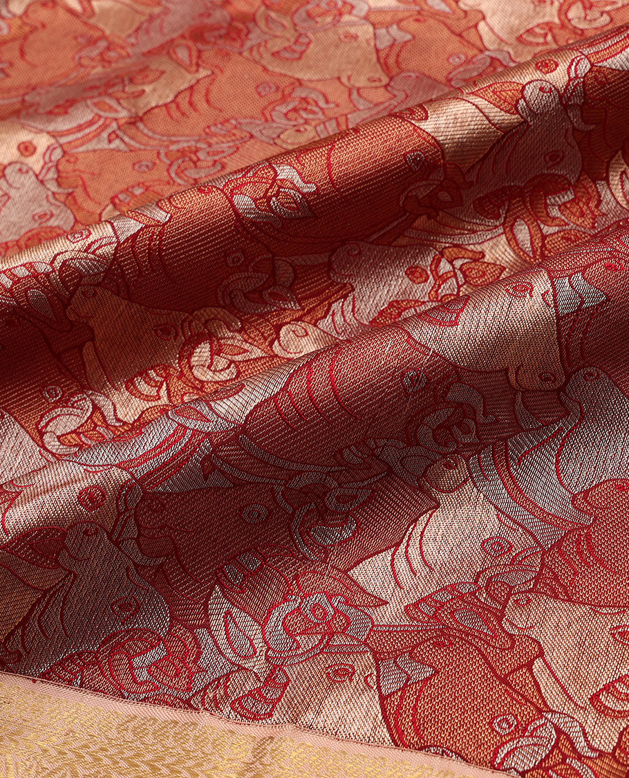 Red pichwai cow jacquard silk saree, contrast border of manga mokku,kathir & jaal design & intricate zari woven pallu
