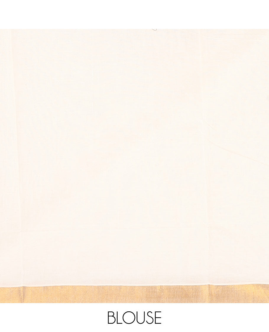 Cream Kerala Cotton Saree Elegantly Highlighted with Zari Stripes All Over Its Body, Bavanji Border, Pallu of Intricate Designs, and Paired with a Matching Blouse