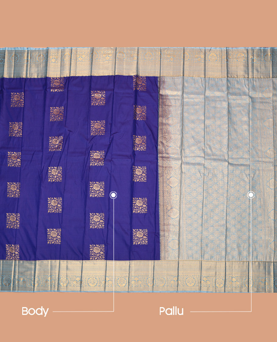 Blue Budget Silk Saree, Gleamed Up with Zari Buttas, Complemented by a Contrast Traditional Border, Grand Pallu, and a Contrast Blouse
