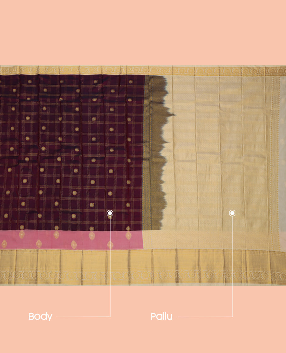 Maroon Budget Silk Saree, Enriched with Zari Buttas and Checks, a Contrast Traditional Zari Border, Sparsely Woven Pallu, and a Contrast Blouse