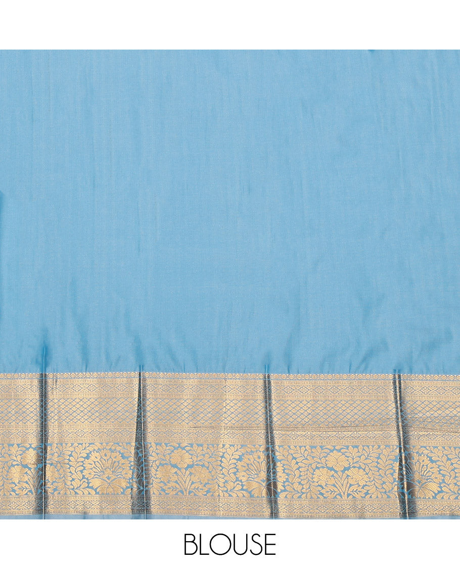 Blue Budget Silk Saree, Gleamed Up with Zari Buttas, Complemented by a Contrast Traditional Border, Grand Pallu, and a Contrast Blouse