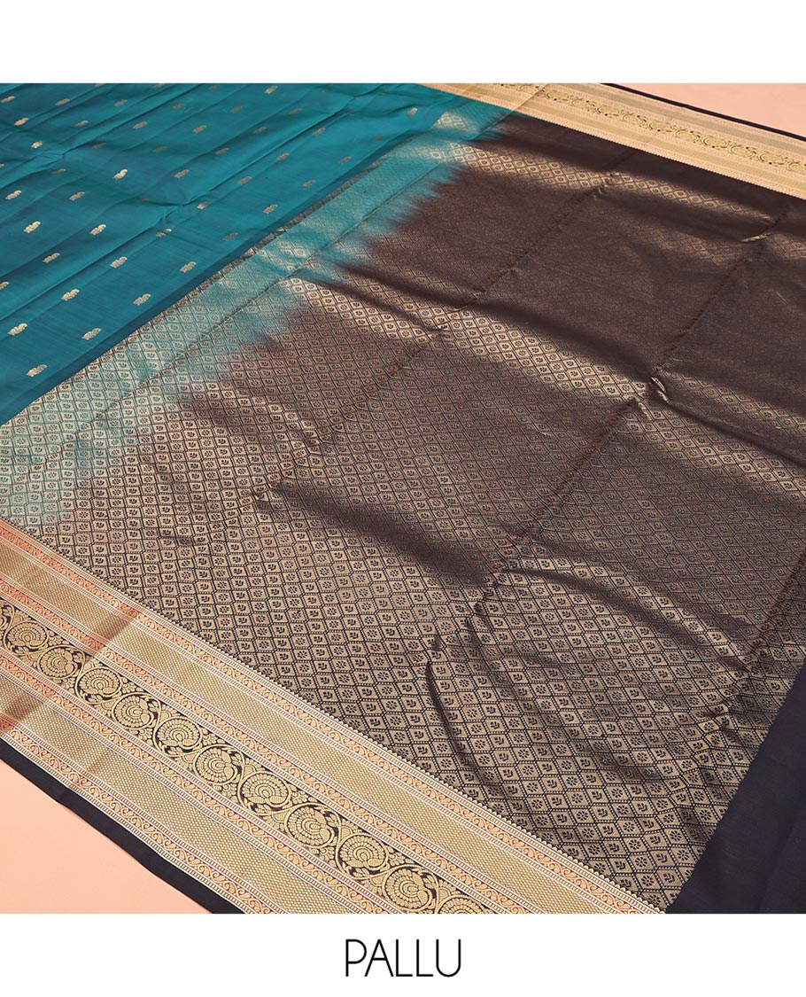 Blue Vasundhara Lite Silk Saree, Graced with Zari Buttas All Over Its Body, Complemented by Contrast Border of Mayil Kann and Dhavana Kodi Designs, Grand Jaal Pallu and Paired with a Contrast Blouse