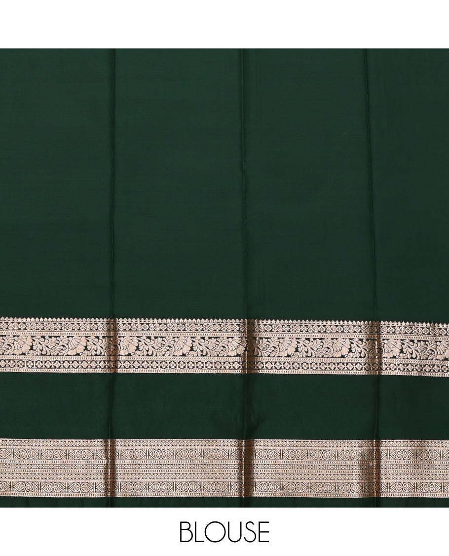 Green Budget Silk Saree, Graced with Zari Buttas All Over Its Body, Complemented by a Contrast Traditional Zari Design Rettai Pettu Border, Intricate Pallu, and Paired with a Contrast Blouse