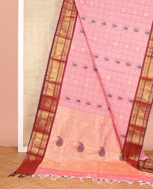 Pink Chettinad Cotton Saree Decked Up with Butta Enclosed Checks, Complemented by Contrast Traditional Zari Design Border, Zari-Rich Pallu of Floral-Paisley Designs, and Paired with a Matching Blouse