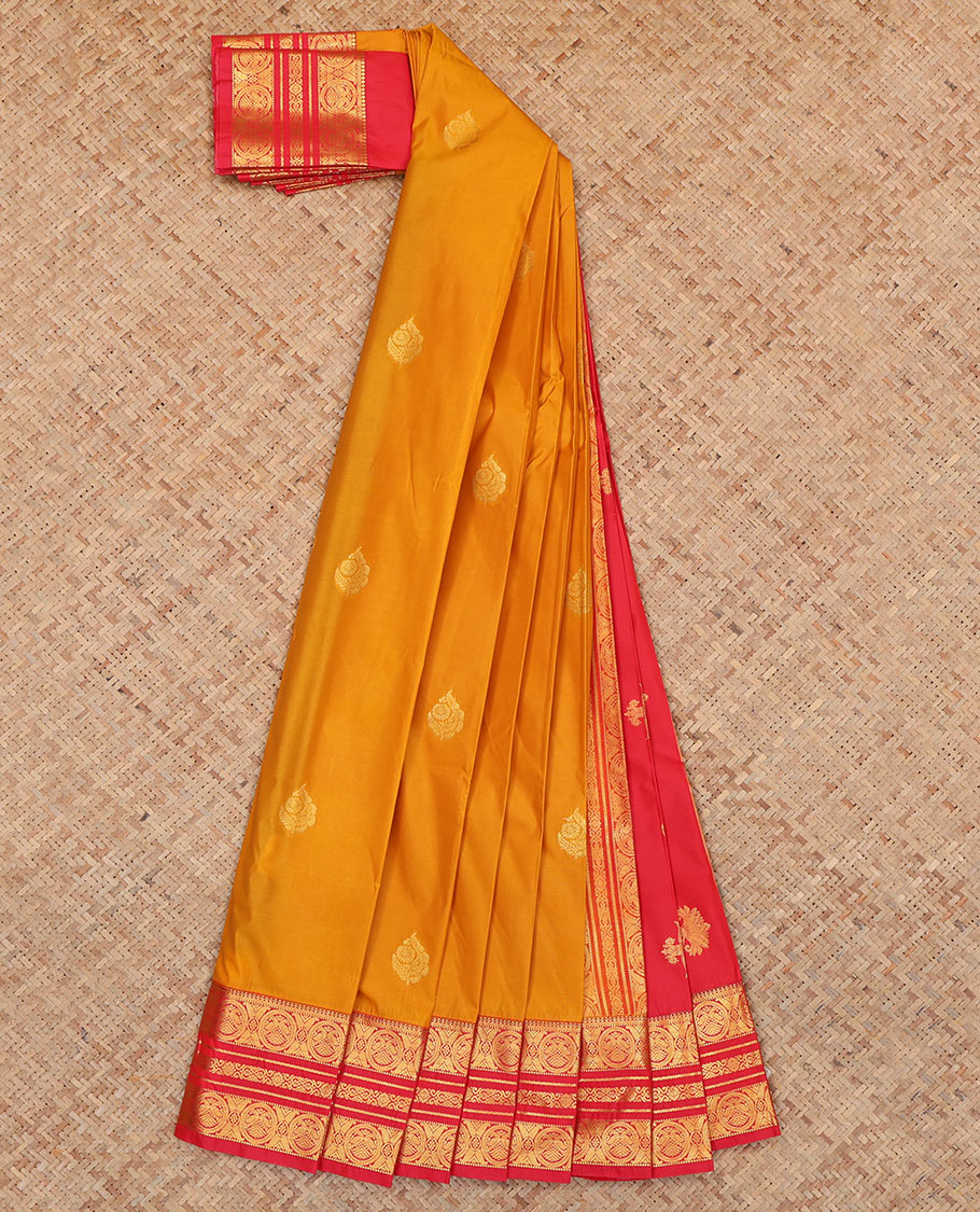 Mustard Budget Silk Saree, Accentuated with Zari Buttas, Complemented by Contrast Traditional Zari Border, a Grand Pallu and a Contrast Blouse