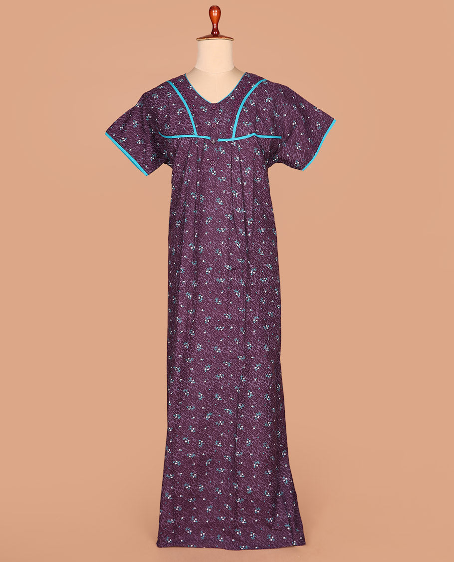 Purple floral motifs print with v-neck half-sleeve cotton nighty