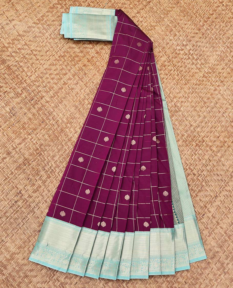 Purple Budget Silk Saree, Richly Detailed with Zari Butta Enclosed Checks, a Contrast Traditional Zari Border, Grand Pallu, and a Contrast Blouse