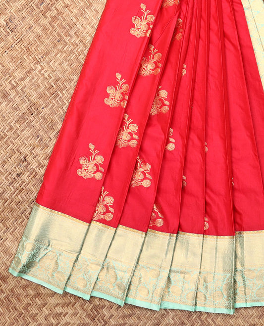 Red Budget Silk Saree, Elevated with Zari Buttas and Stripes, Complemented by Contrast Traditional Zari Border, a Grand Jaal Pallu  and a Contrast Blouse