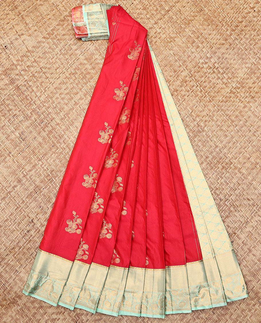 Red Budget Silk Saree, Elevated with Zari Buttas and Stripes, Complemented by Contrast Traditional Zari Border, a Grand Jaal Pallu  and a Contrast Blouse