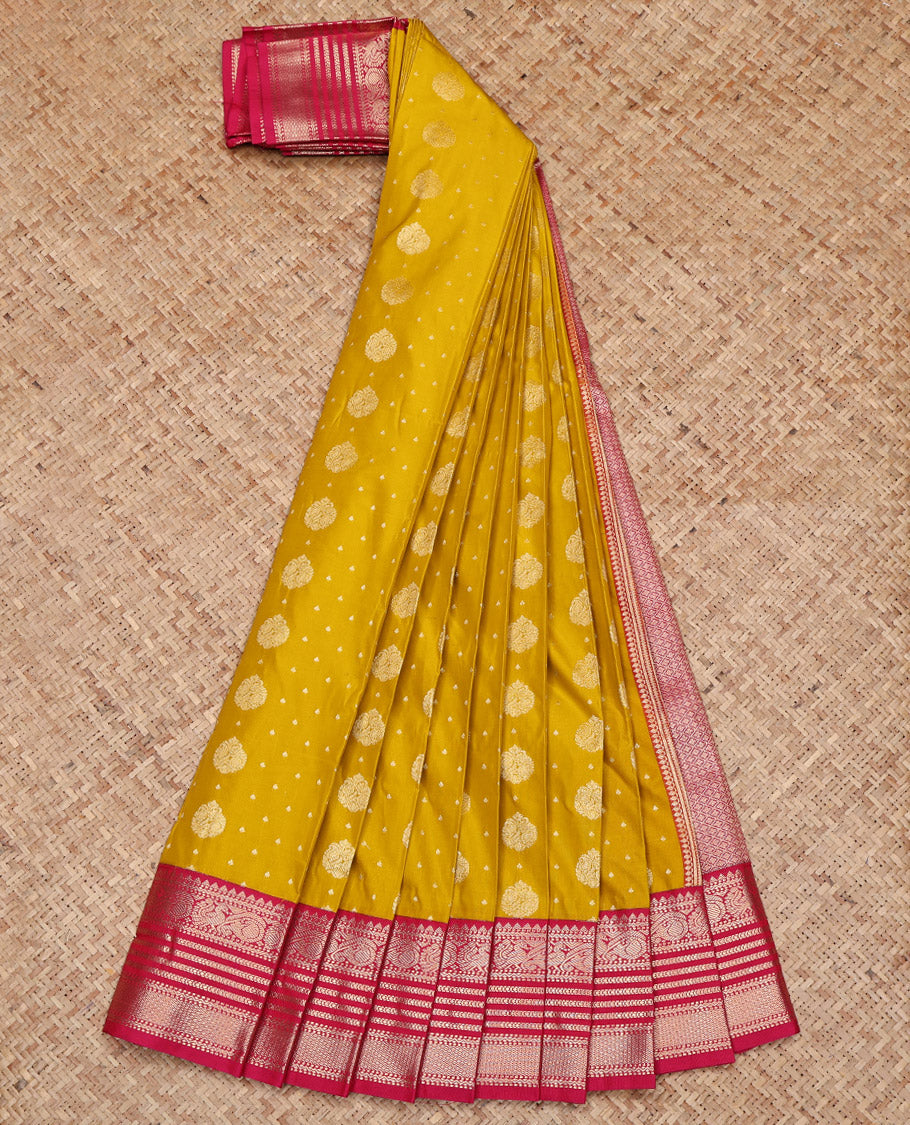 Yellow Budget Silk Saree, Accentuated with Zari Buttas on Its Body, Complemented by a Contrast Traditional Zari Border of Peacock Designs, Grand Pallu, and Paired with a Contrast Blouse