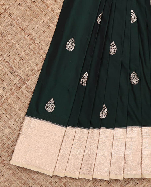 Green Budget Silk Saree, Showcasing Zari Buttas on Its Body, Complemented by a Contrast Traditional Zari Design Border, Intricately Designed Pallu, and Paired with a Contrast Blouse