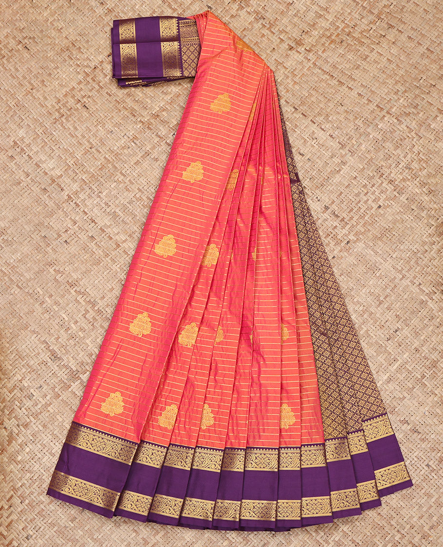 Orange Budget Silk Saree, Detailed with Zari Buttas and Stripes on Its Body, Complemented by a Contrast Traditional Zari Design Rettai Pettu Border, Grand Jaal Pallu, and Paired with a Contrast Blouse