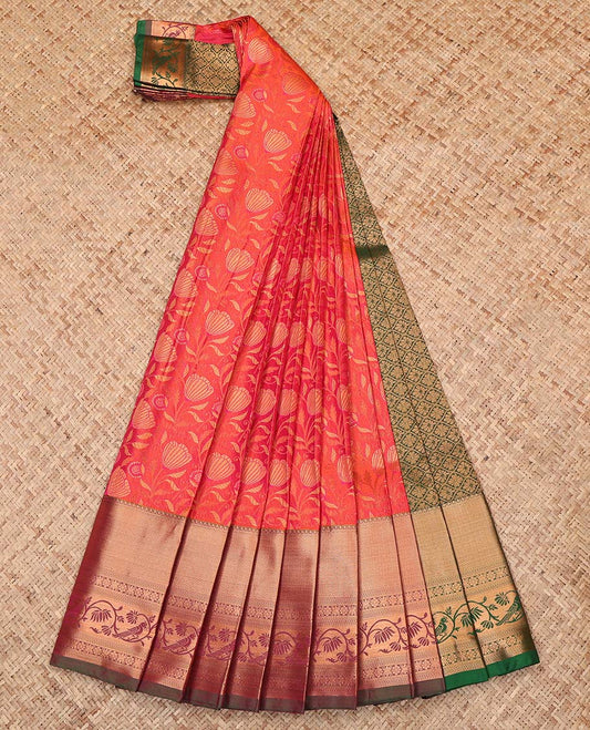 Orange Budget Silk Saree, Finely Crafted with Jacquard, Complemented by a Contrast Traditional Zari Border, Grand Jaal Pallu, and a Contrast Blouse
