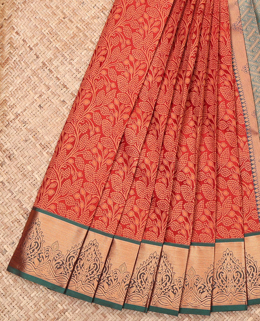Orange Budget Silk Saree, Highlighted by Jacquard Design, Complemented by a Contrast Zari Border, Grand Pallu, and Contrast Blouse