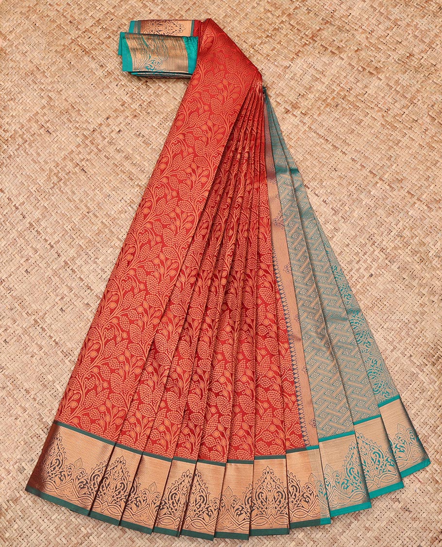 Orange Budget Silk Saree, Highlighted by Jacquard Design, Complemented by a Contrast Zari Border, Grand Pallu, and Contrast Blouse