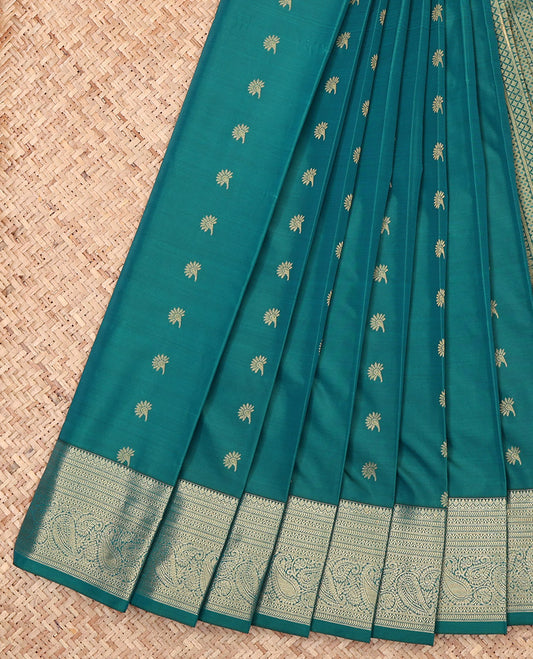 Green Budget Silk Saree, Delicately Woven with Zari Buttas, Highlighted by a Traditional Zari Border, Intricate Pallu, and a Matching Blouse