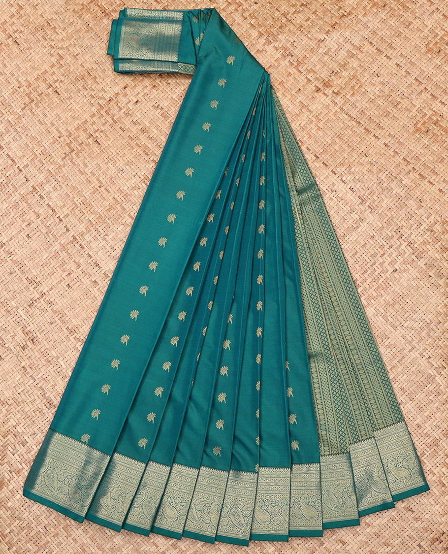Green Budget Silk Saree, Delicately Woven with Zari Buttas, Highlighted by a Traditional Zari Border, Intricate Pallu, and a Matching Blouse