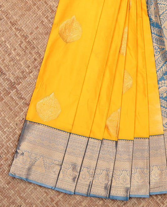 Yellow Budget Silk Saree, Sparsely Sparkled with Zari Buttas, Complemented by a Contrast Traditional Border, Grand Pallu, and a Contrast Blouse