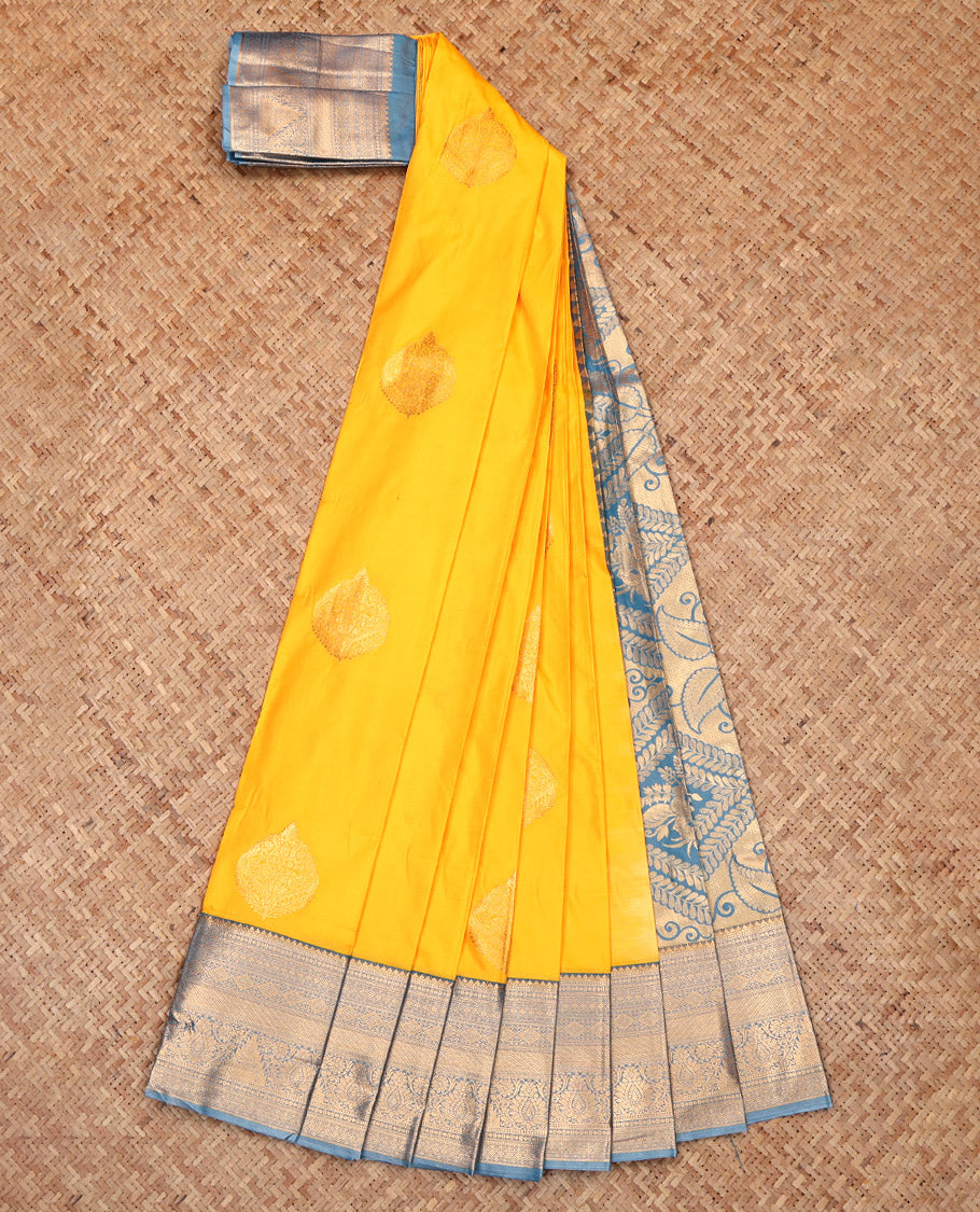 Yellow Budget Silk Saree, Sparsely Sparkled with Zari Buttas, Complemented by a Contrast Traditional Border, Grand Pallu, and a Contrast Blouse