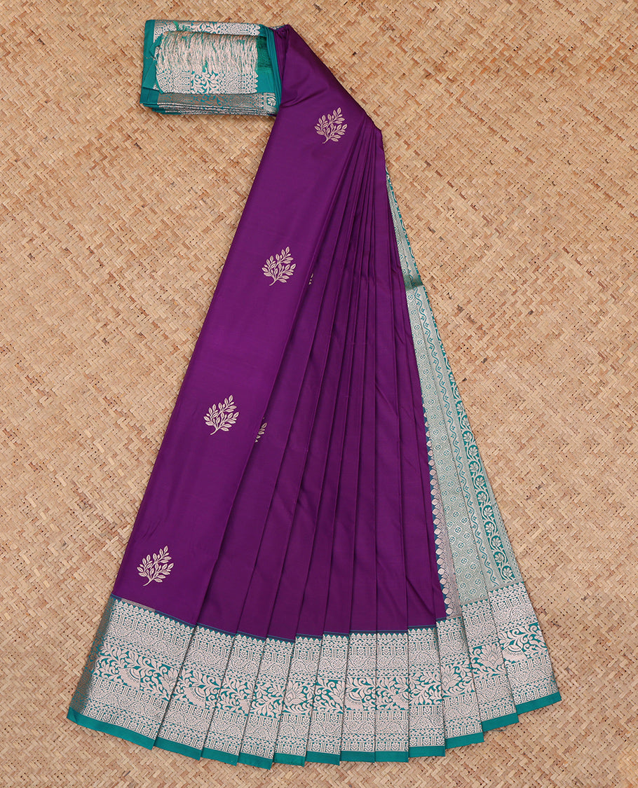 Violet Budget Silk Saree Featuring Zari Buttas, Complemented by a Contrast Traditional Zari Border, Grand Pallu, and a Contrast Blouse
