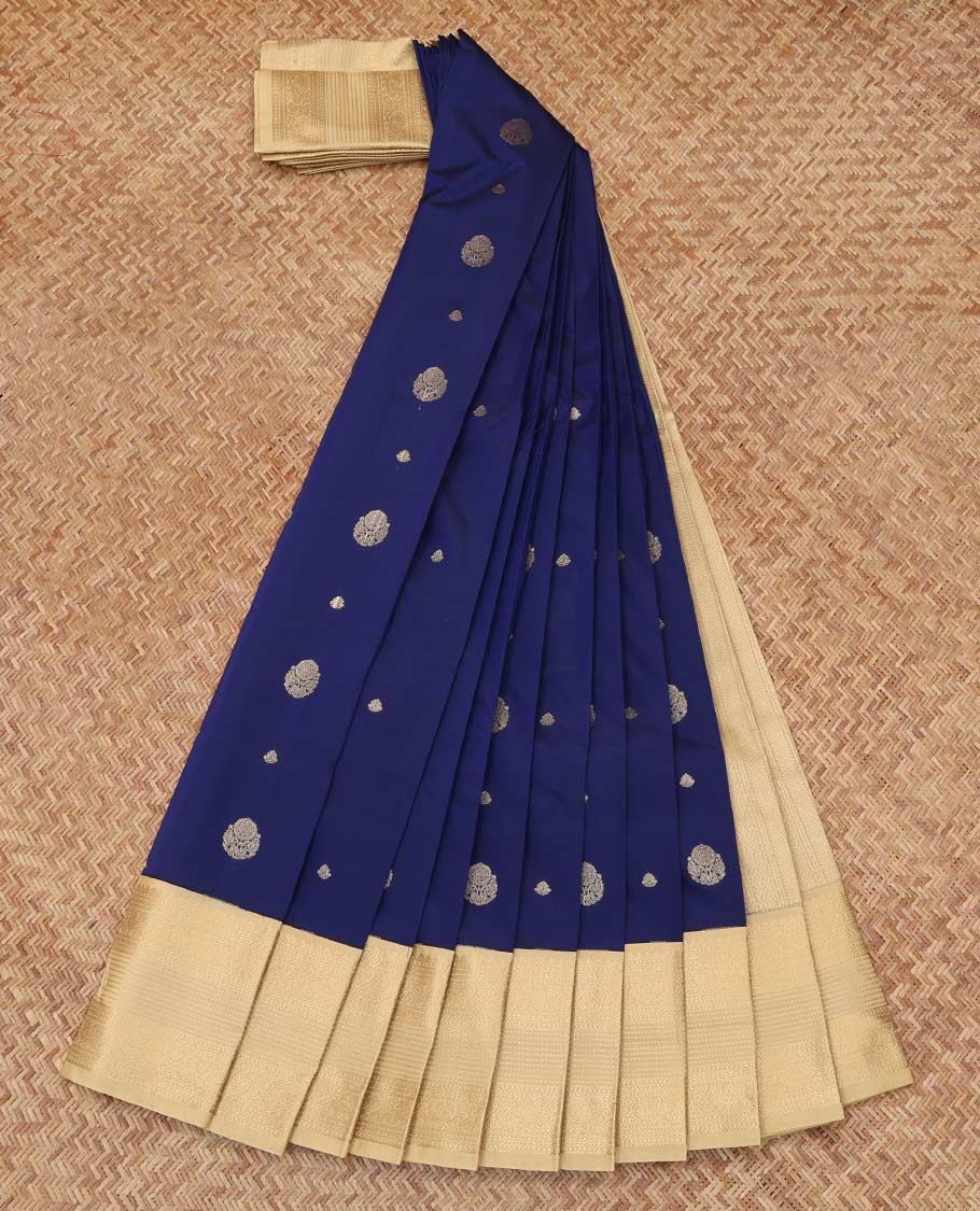Blue Budget Silk Saree, Adorned with Zari Buttas, Complemented by Contrast Traditional Zari Border, a Grand Pallu and a Contrast Blouse
