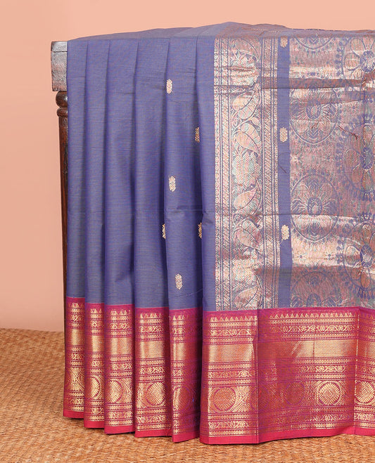 Blue Chettinad Cotton Saree Decorated with Zari Buttas All Over Its Body, Complemented by Contrast Traditional Zari Design Border, Pallu of Chakram Designs, and Paired with a Matching Blouse