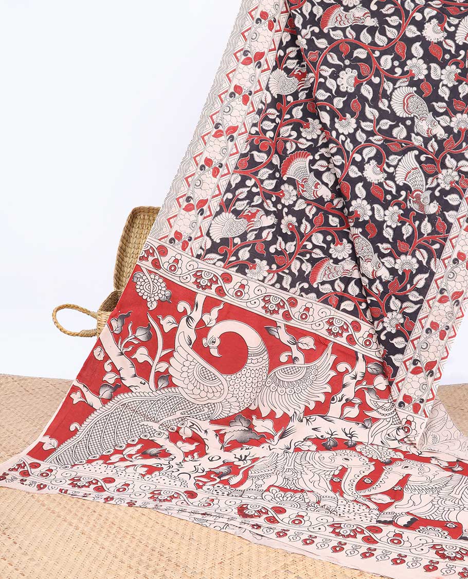 Brown floral & peacock machine-printed kalamkari cotton saree, contrast floral border & animal motifs pallu