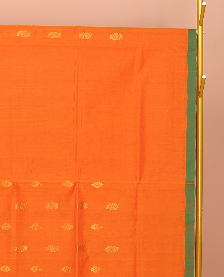 Orange Venkatagiri Cotton Saree Detailed with Buttas, a Contrast Zari-Thread Border, Pallu of Stripes, and No Blouse