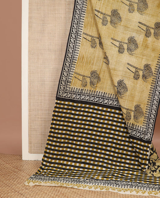 Mustard floral printed mul mul cotton saree, contrast floral printed border & checked printed pallu
