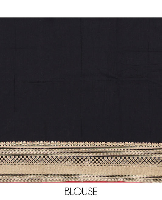 Black plain design Narayanpet cotton saree, contrast traditional kanchi motifs, thread-woven border & striped pallu