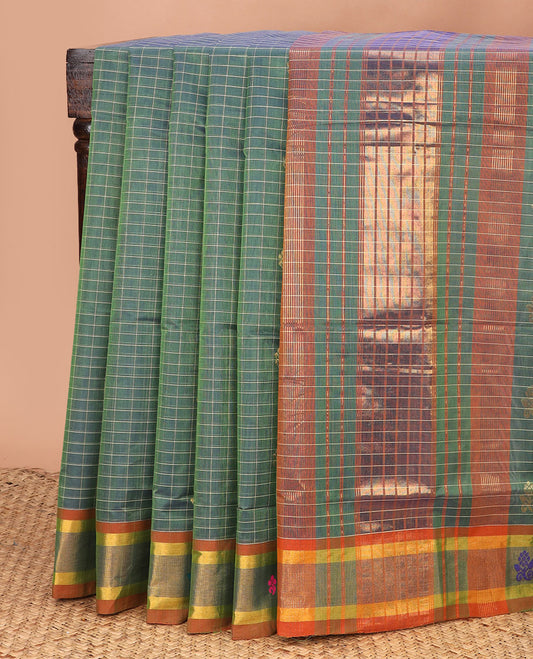 Green checked design Venkatagiri cotton saree, contrast zari thread design border, and striped pallu
