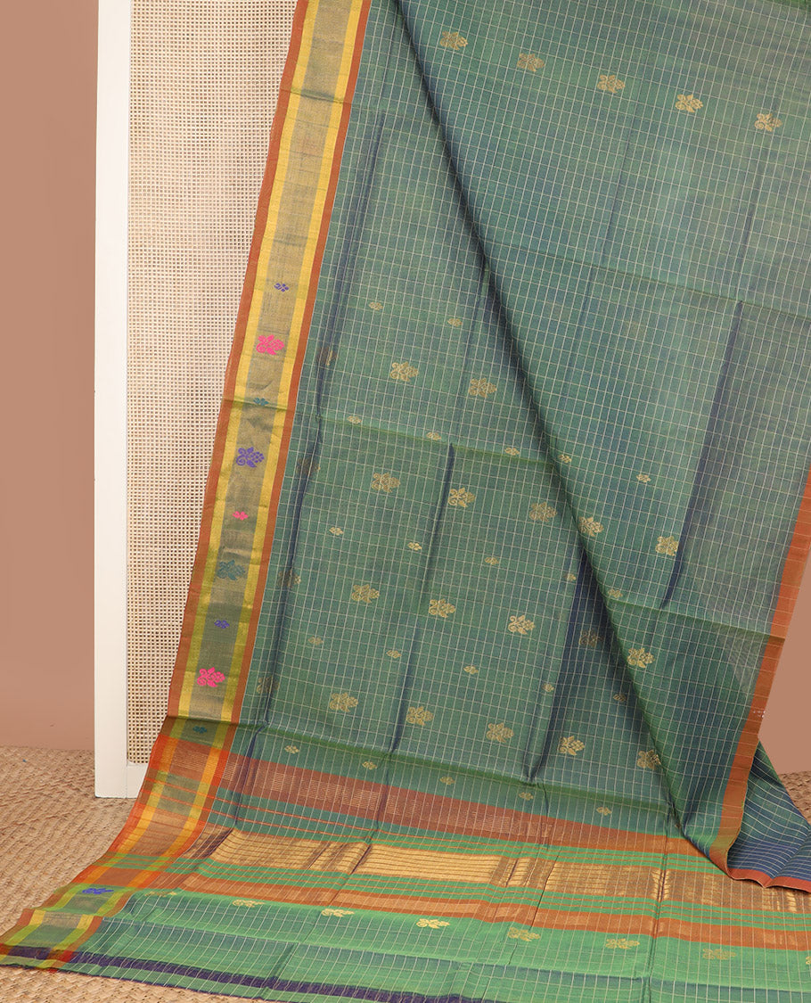 Green checked design Venkatagiri cotton saree, contrast zari thread design border, and striped pallu