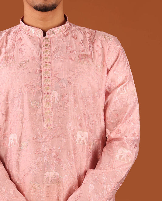 Pink Floral and Fauna Thread Embroidered Full-Sleeved Men's Kurta Comes with Contrast Pants