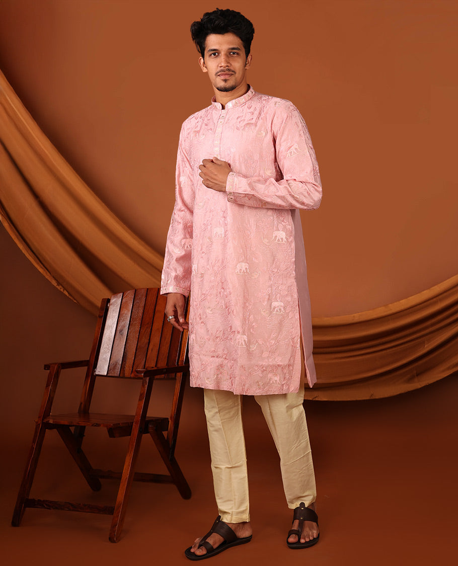 Pink Floral and Fauna Thread Embroidered Full-Sleeved Men's Kurta Comes with Contrast Pants